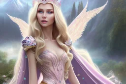 castle in background, beautiful, soft, big smiling, straight and long blonde hair, blues eyes, dewy and shiny atmosphere, diamond crown, long fairy wings in the back, full head, pink veil clothes