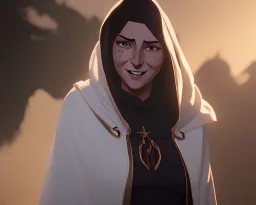 A white hooded robe covers a woman with sleepy eyes and a smile. Behind her, there is a black shadow of a man smiling and grabbing her shoulders