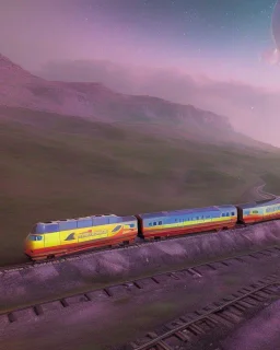 train on a rainbow track in space, planets in the background, steam bubbles from chimney, galaxy