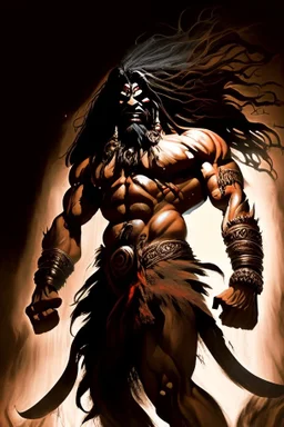 A towering and formidable figure emerged from Indian mythology displaying breathtaking bulges of rippling muscle his long flowing locks cascading like dark waterfalls down his broad back his fierce and menacing visage portraying a seething anger that seemed to smolder like embers within his soul wielding with effortless power a mighty and deadly axe his weapon of choice for rending enemies limb from limb, Fantasy art, Digital painting, Highly detailed, Sharp focus, Intricate, Dark lighting, Tren