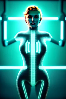 Ultra Realistic image, portrait, blonde woman, Marylin Monroe face, perfect iris, glow eyes, glow makeup. Cyborg, Cyberpunk, ex machina style, wires connected, oversized tight latex dress, yakuza tattoos body. fog, rain, soft color, highly detailed, unreal engine 5, ray tracing, RTX, lumen lighting, ultra detail, volumetric lighting, 3d, finely drawn, high definition, high resolution.