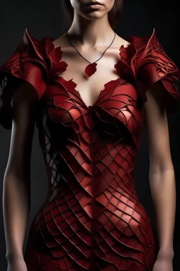 Dark red, off-the-shoulder, leather dress with a 3D print inspired by fractals in nature.