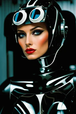 female humanoid robot, beautiful like a supermodel from the sixties, beautiful eyes, sexy, most beautiful, helmut newton, evil woman, hypnotic eyes, polaroid colors, electric sexuality