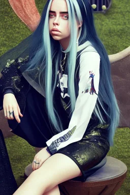 Billie Eilish, sitting on a chair, Black Short Dress, high detail, realistic