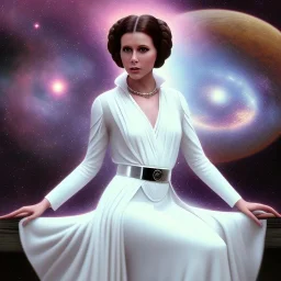 model shoot style, digital art zoomed out portrait of (Princess Leia) ((dressed in white and off white gown)), surrounded by 100 planets, ultra-detailed, ultra quality, illustration, eerie atmosphere, 8k, cinematic lighting