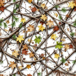 detailed Real Tree Camouflage made of sticks, twigs, green pine branches, dried maple leaves, snow and dirt, white background, seamless repeatable texture camo pattern