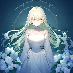 A highly detailed digital painting of an innocent women with light green hair and light green eyes, white flowers in her hair, a beautifully detailed white dress with light green edges, the artworks conveys purity and sweetness, the girl has slightly downturned eyes and seems to be smiling