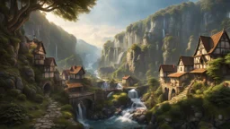 a small medieval town at the end of a steep, very tall ravine. multiple waterfalls, a masterpiece, fantasy concept art, dynamic lighting, hyperdetailed, intricately detailed, deep color, Unreal Engine, volumetric lighting, Epic cinematic brilliant stunning intricate meticulously detailed dramatic atmospheric maximalist digital matte painting