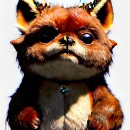 cute chubby gremlin ewok fox monster, friendly, darling creature, pet monster, meticulously detailed fur, cute face, pastel freckle spots, smile, four enormous clear bright neon eyes, huge, pointed ears; colorful; by Aleksandr Kumpan, CreatureBox, Justin Gerard; luminous color sparkles, 3D realistic, photorealism, high contrast