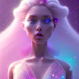 one big crystal glitter pink blue subtle galactic fairy in a galactic ambiance,glitter bikini, long blond hair down to the ground,transparent petals,blue eyes,delicate colors in the foreground, full of details, smooth，soft pink violet light atmosphere, light effect，vaporwave colorful, concept art, smooth, extremely sharp detail, finely tuned detail, ultra high definition, 8 k, unreal engine 5, ultra sharp focus