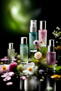 Create an ethereal image featuring delicate floral essences blending with skincare elixirs, portraying a sense of enchantment and capturing the transformative power of nature in skincare.