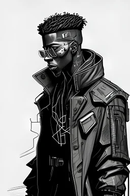 outline drawing of a black man with cyberpunk outfit