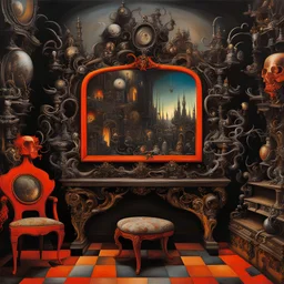 Hell inhabited by a mish-mosh of surreal mirrors reflecting the damneds' true selves, oil on canvas HDR DSLR, dynamic lighting, bright infernal colors, reflective, by H.R. Giger, by Yves Tanguy, by Hieronymus Bosch.