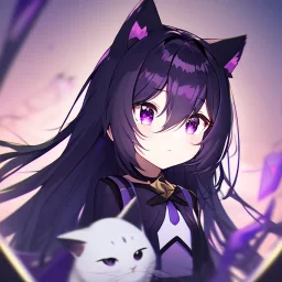 Clear focus, High resolution,a anime kid, rough line skecth, cute, cartoony style, 1girl, black long hair,hair between eyes, cat ears, purple eye, 1 purple streak in haie, half chibi, only head no body