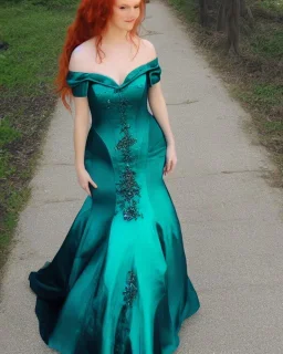 Magic princess with long auburn hair in a big teal green and gold satin ballgown corset off shoulder top casting magic