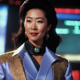 [vintage style noisy scratches glitches, Shot the texture and then rewound the film and double exposed the face] Michelle Yeoh in the Adventures of Buckaroo Banzai Across the 8th Dimension