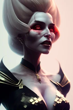 Constance Langdon as evil queen in black leather, leather, busty, cleavage, angry, stern look. character design by cory loftis, fenghua zhong, ryohei hase, ismail inceoglu and ruan jia. unreal engine 5, artistic lighting, highly detailed, photorealistic, fantasy