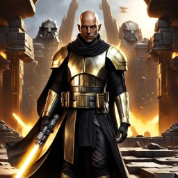 star wars bald male corellian jedi pilot wearing black and gunmetal grey old republic armored robes with gold trim, alone, battle-ready Jedi Master defending a ruined ancient city surrounded by golden light, centered head and shoulders portrait, hyperdetailed, dynamic lighting, hyperdetailed background, 8k resolution, volumetric lighting, light skin, fully symmetric details