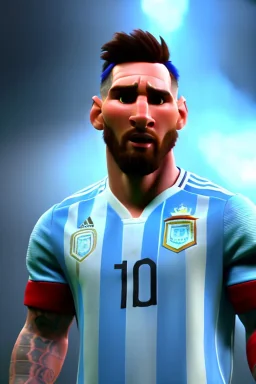 Realistic Messi Argentina soccer player Portrait, mid shot view, epic, god lights, concept art, art station, 3d, photo studio, blue clean background, unreal engine 5, ray tracing, RTX, lumen lighting, ultra detail, volumetric lighting.