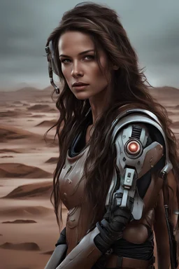 science fiction scene like fantasy on mars 40 years old woman brunette long hair ultrarealistic wet skin raining, tattos photorealistic, wind is blowing, tanned skin collarbones, skinny, space ship behind, all looks like poster from 2020, women looks like model, wearing over-knee-sockets