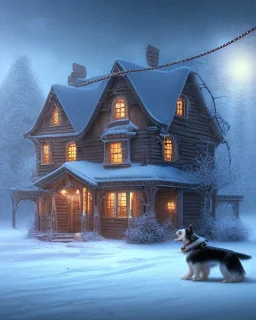 portrait of sad, scared, lonely dog leashed with a rope in front of a house, winter, 8k resolution, high-quality, fine-detail, intricate, digital art, detailed matte, volumetric lighting, illustration, 3D octane render, brian froud, howard lyon, selina french, anna dittmann, annie stokes, lisa parker, greg rutowski