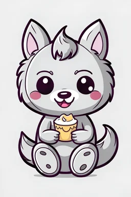 cute, simple, grey chibi wolf holding cupcake