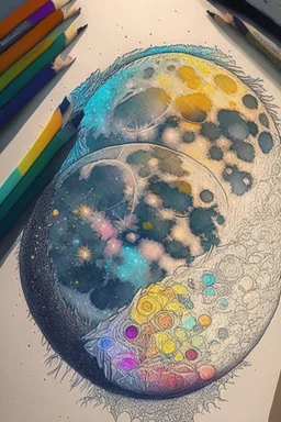 Large moon, doodle, drawing, color, detailed