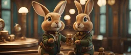 High-end state-of-the-art STEAMPUNK aesthetics flawless smiling cute Honey rabbit holding a Tesseract, supreme cinematic-quality photography, sage green blue and honey brown pure wool clothes, Art Nouveau-visuals,Vintage style with Octane Render 3D technology,hyperrealism photography, (UHD) with high-quality cinematic character render,Insanely detailed close-ups capturing beautiful complexity,Hyperdetailed,Intricate,8K,Hyperrealism craftwork