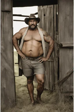 1970's half figure photography of a burly overweight muscular brazilian farmer 44 years old, sweat, short curly hair, short beard, manly chest, tattoo, hand on the fap, shirtless with dirty shorts, on the door of a large barn, under the sun