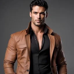 arafed, mid-shot of a hunky man with a black shirt and a brown jacket, gigachad