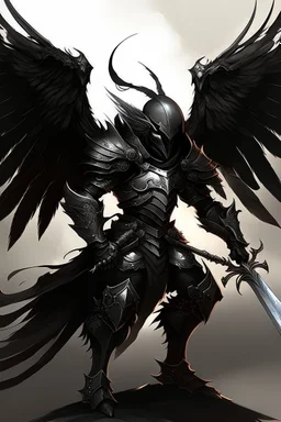 Demonic angel knight in black armor with huge wings and an avian helmet
