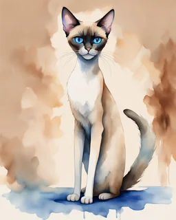 An exquisite conceptual art piece capturing a tall and slender, elegant adult Siamese cat in a modern setting. The feline, rendered in a charming watercolor style, showcases dark and light beige fur, a long slim tail, mesmerizing blue eyes that exude love and happiness, and expressive, large ears. Its smooth light beige chest fur and brown paws add to its irresistibly adorable appearance. This artwork masterfully combines elements of 3D rendering, illustration, painting, poster, and cinematic de