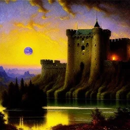 Drawing of 'Medieval Romanian Castle',bats,mountain,lake,full moon, by gaston bussiere, greg rutkowski, yoji shinkawa, yoshitaka amano, tsutomu nihei, donato giancola, tim hildebrandt, oil on canvas, cinematic composition, extreme detail,fit full head inside picture,16k