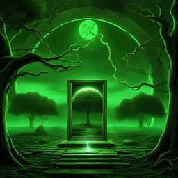 A realistic mirror in a glowing emerald green place, moon in the background, chain on the ground, tree, lightning