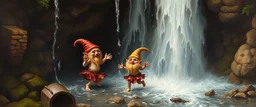 master oil painting by Rembrandt,cute trolls dancing inside waterfall