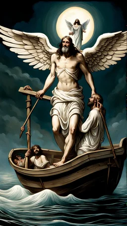 Charon in his boat wearing angel carrying Jesus on a cross