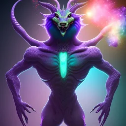 purple mythical creature in galaxy, teal and purple smoke, detailed, realistic, 4k