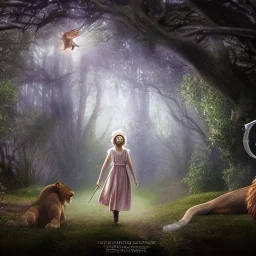 Chronicles of Narnia, young girl with flower crown beside majestic lion on path in beautiful wooded forest, 8k resolution, high-quality, fine-detail, intricate, digital art, detailed matte, volumetric lighting, illustration, 3D octane render, brian froud, howard lyon, selina french, anna dittmann, annie stokes, lisa parker, greg rutowski,