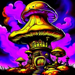 A fantabulous black, purple and yellow (((mushroom tower house))) erected atop a (geologic pillar), surrounded by the uncanny imaginative ((( swirling skies))), offset by the stark hues of a (neon-tinged nebulous space scape), within. captured by the hand a skilled master painter with a focus on (softly blurred compositions and voluminous lighting).