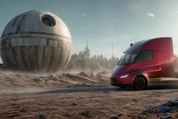 A Tesla 'Semi' (semi truck) is parked, within the trench of the Death Star. (CINEMATIC, WIDE ANGLE LENS, PHOTO REAL)