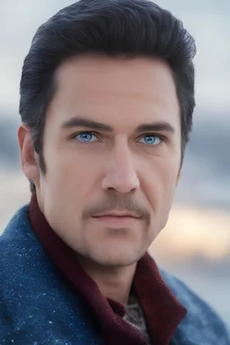 Blue eyes, close-up facial portrait - a Bright, well-lit UHD, 1080p 32k, photograph - winter time, hunting season, part Jesus Christ, part Elvis Presley with a mustache and short crew-cut hair, part Lee Majors, Part red and black checkered wool coat, blue jeans, cowboy boots, plaid shirt, sunbursts, crosses, 3D lighting, diamonds, hearts, Butterflies, Clovers, Roses, extremely colorful,