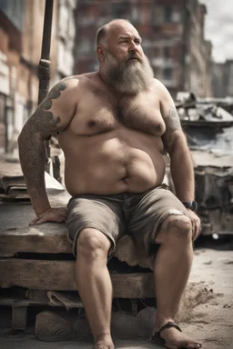 viril strong chubby mature russian man sunbathing, sitted on an empty street, 41 years old, dirty tank top, tattoo, bullneck, hands behind the neck, ripped dirty shorts, manly chest, very hairy, short beard, big shoulders, relaxed, photorealistic, well defined facial features, half figure photography, view angle from the ground