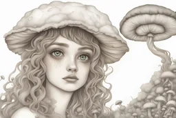 puffball mushroom, a beautiful fairy with the world in her eyes, Samantha Wainwright playing around the mushroom, highly detailed face, in the style of Salvador Dali, universe background