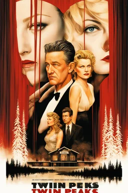 Movie poster art for "Twin Peaks" surreal TV drama by David Lynch, 'Who Killed Laura Palmer?', double exposure photo layering of ethereal Kyle Mcgloughlin and Sheryl Lee visages, beautiful modern poster composition by Drew Struzan, stunning dramatic artistic composition, red stage curtain bordering.