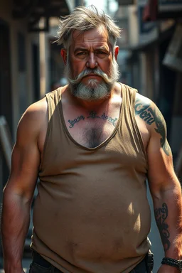 full figure , strong muscular chubby turkish carpenter in dirty ripped tank top, very hairy, 48 years old , sweat and wet, bull neck, tattoo, short beard, working in the middle of the street under the sun , aspect ratio 9:16
