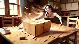 wooden table with invisible tabletop while woman starts frantically tearing through the box all over theo room