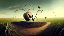 In a field where apples floated in the air, a giant ant observed the world with its only eye, while the feet of passers-by became roots searching for buried bones.