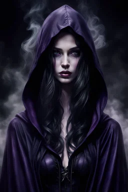 portrait a dark fairy with a pale face, long dark hair, in a dark purple shiny black hooded cloak, suggestive dark deep gaze, impressive, perfect, cold beauty, dark, sad, gothic mood, atmospheric, smoke, high detalied, high realistic, photorealistic