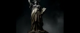 the statue of liberty, dress dirty and torn, her face solemn and terse, trash littered at her feet, she holds a crumpled american flag, she walks away under a dark and dreary sky