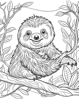 create a 2d black outline, "safari smiling cartoon sloth on a branch coloring book for kids", coloring page, low details design, black contour, coloring page design, simple background, colorful , card style, coloring page for kids, white background, sketch style, safari landscape, cartoon style